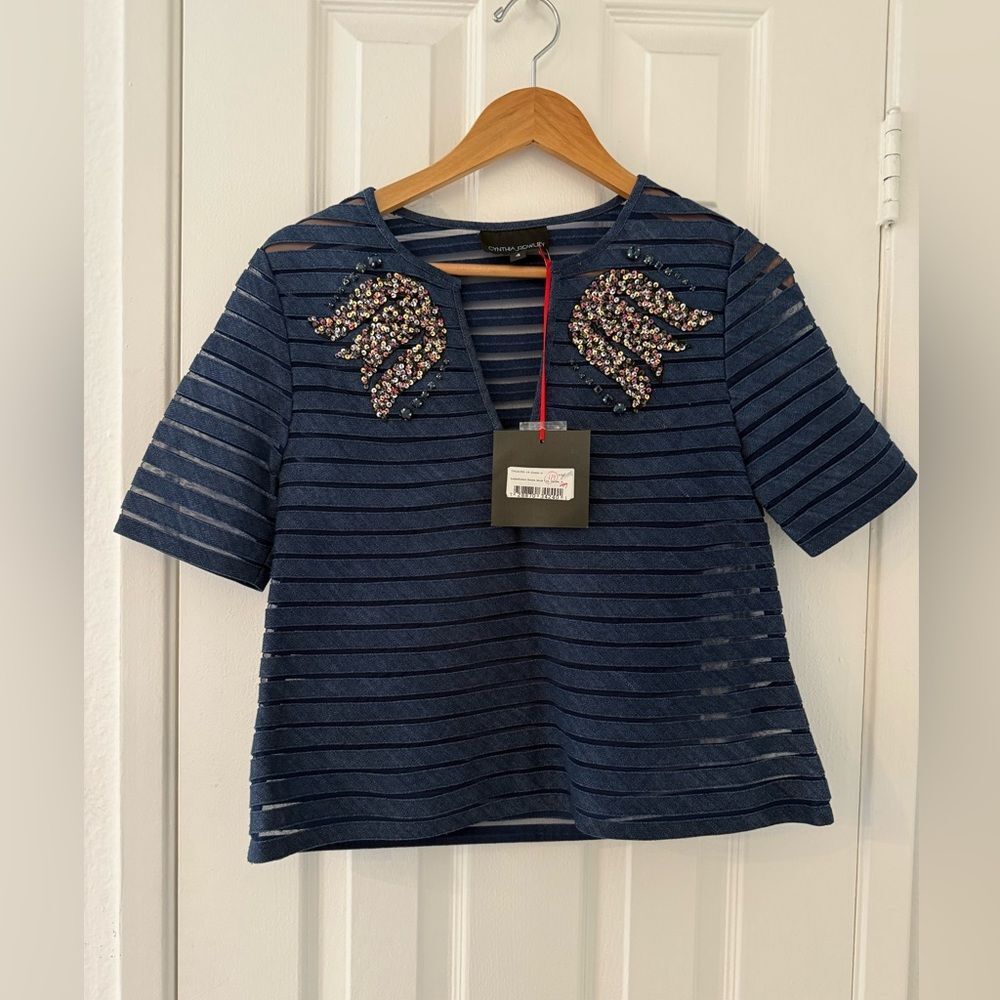 Cynthia Rowley Embellished Denim Mesh Top, Size 4 NWT